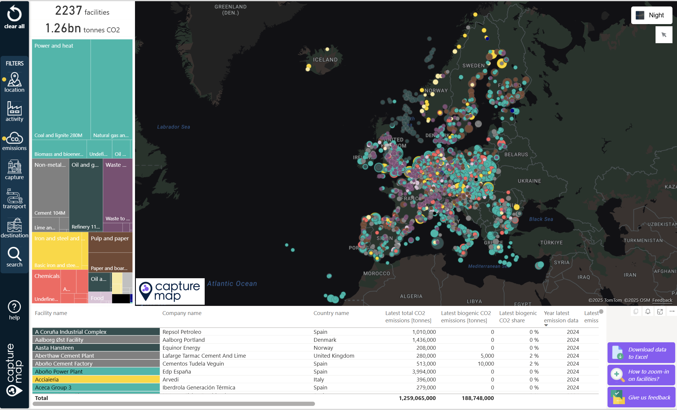 CaptureMap - overview map of industry CO2 emissions in Europe